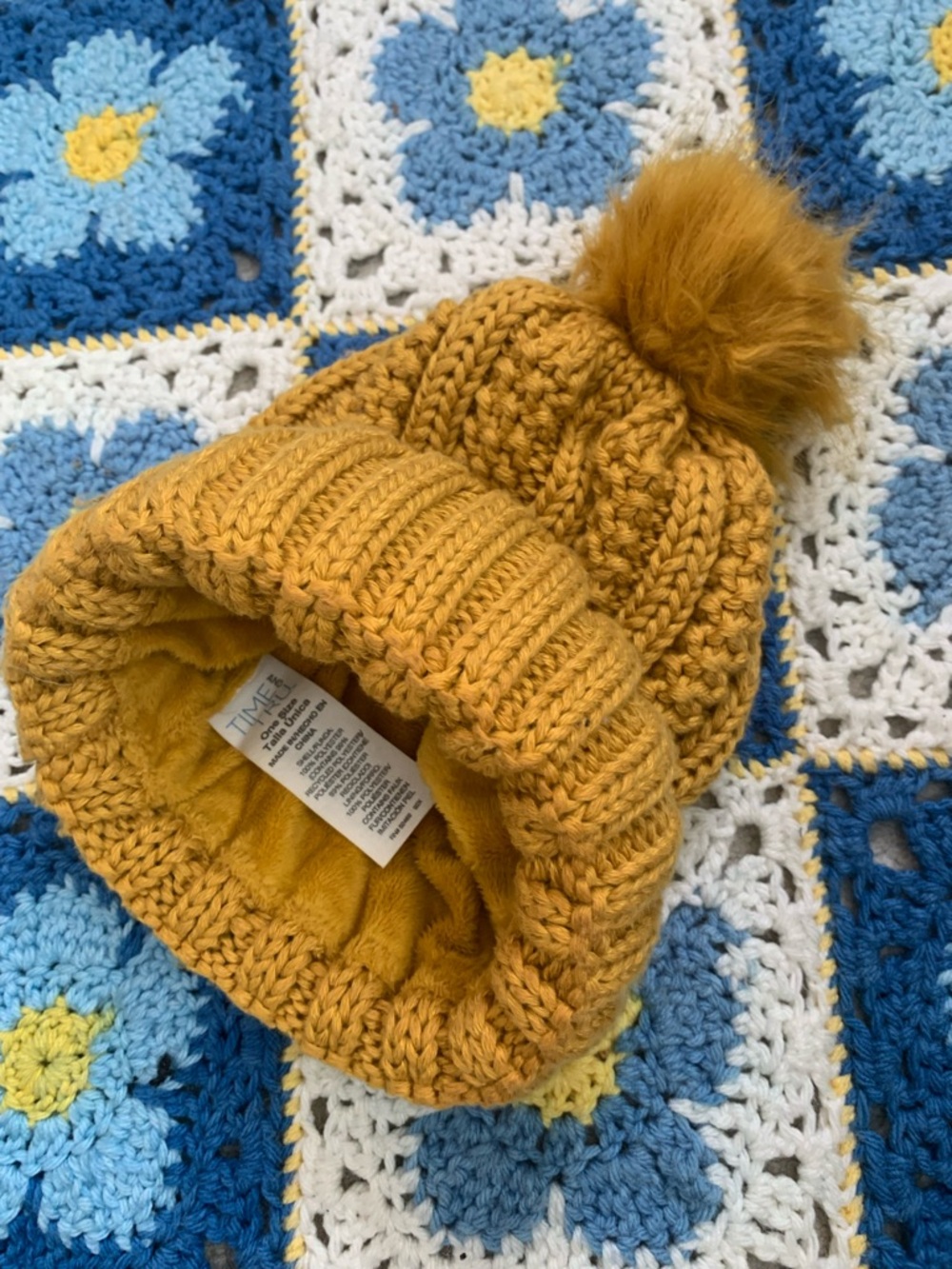 Time and Tru Pom-Pom Knit Beanie in Mustard Yellow